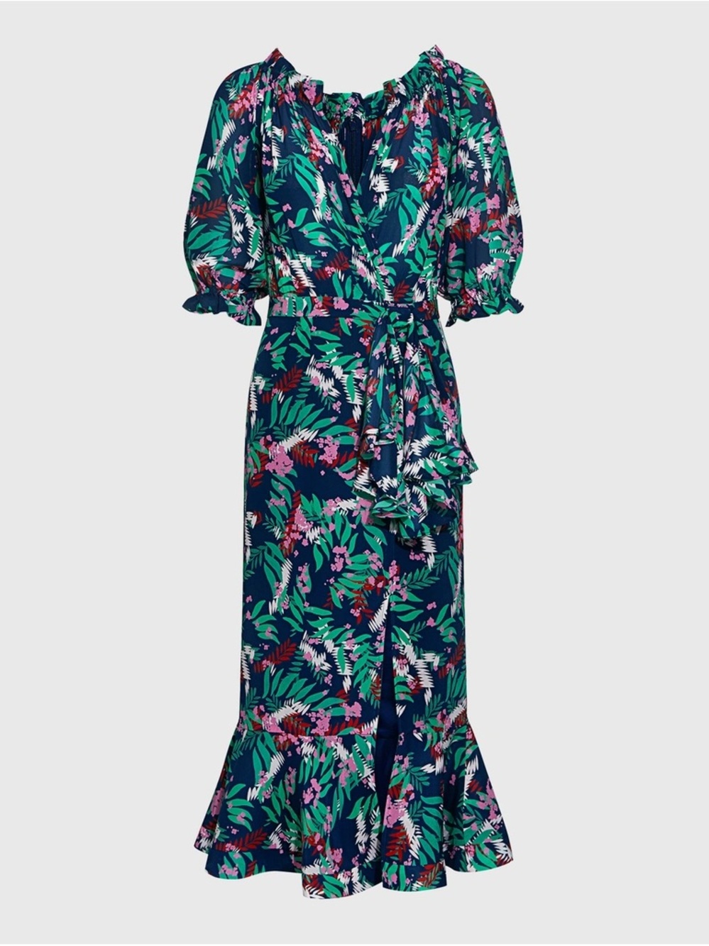 SALONI - Olivia V-neck Floral Ruffled Wrap Silk Midi Dress - Size 2